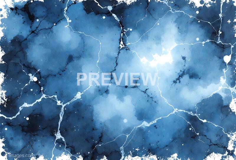 The image features an abstract watercolor painting with shades of blue and black, resembling a cloudy sky or stormy atmosphere. White lightning-like streaks run across the composition, creating a dynamic contrast against the darker and lighter blue areas. The edges of the painting are irregular and splattered, adding to its textured and organic appearance.