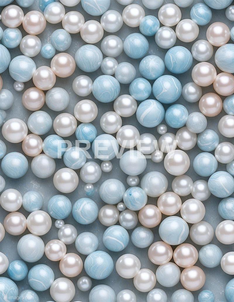 The image showcases an assortment of spherical objects, primarily pearls, in various sizes. The pearls have a glossy, lustrous surface, with some appearing white and others in light blue shades, featuring marbled or swirling patterns. They are spread out on a smooth, grey surface, creating a textured and elegant visual impression.
