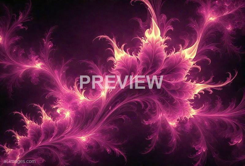 The image features an intricate and vibrant fractal design with swirling patterns resembling delicate leaves or feathers. The color palette is dominated by shades of pink and purple, with glowing highlights and wispy, luminous edges set against a dark background, creating a sense of depth and motion. The overall effect is mesmerizing and abstract, emphasizing the complex beauty of fractal art.