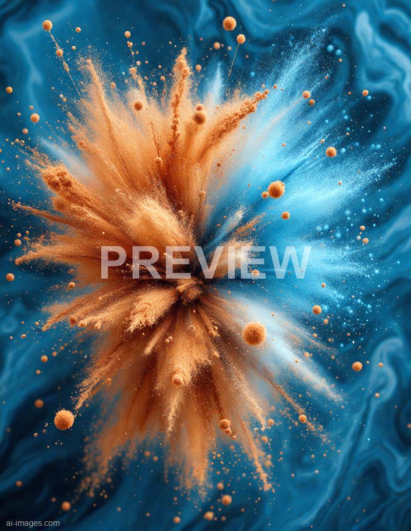 The image depicts an explosion of colored powder or pigment captured mid-air, with vibrant orange and blue hues blending and dispersing outward in dynamic, cloud-like formations. Tiny particles and larger spherical clumps are scattered throughout, creating a sense of motion and energy against a dark, softly textured background that enhances the vividness of the colors.