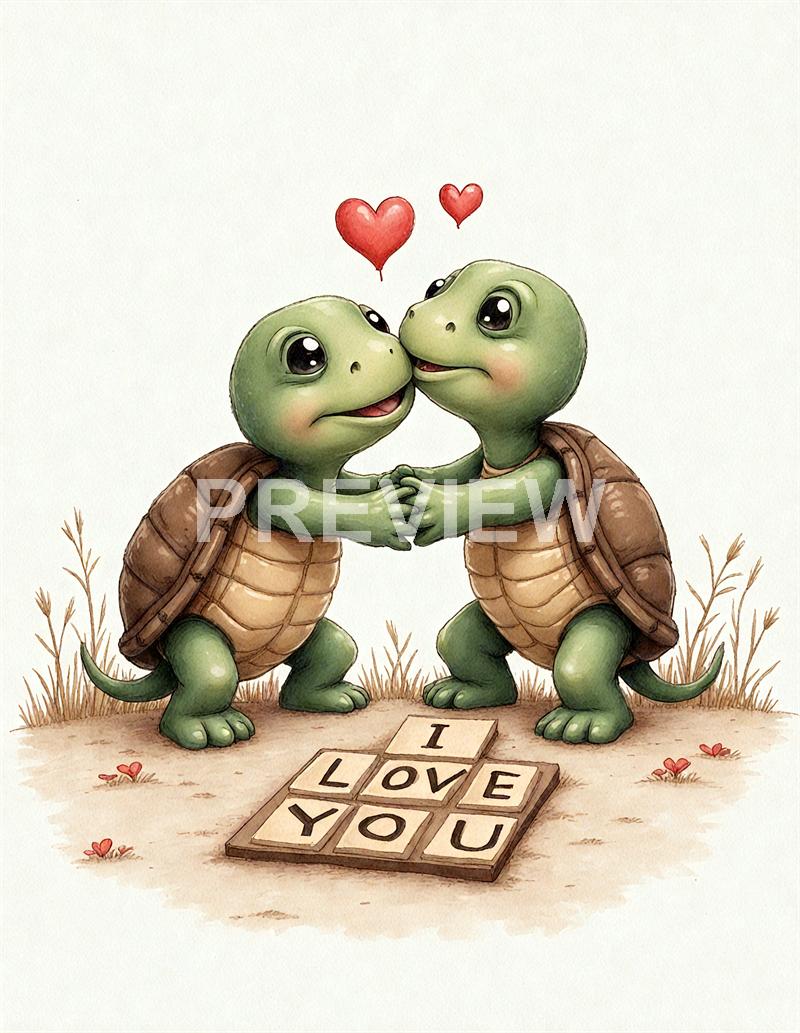 Two adorable cartoon turtles are holding hands and gazing at each other affectionately, with blushing cheeks and big, shiny eyes. Above them, two red hearts float in the air, symbolizing love, while they stand on a patch of dirt with small grass and tiny flowers around. In front of them, wooden tiles spell out "I LOVE YOU," emphasizing the romantic and joyful theme of the illustration.