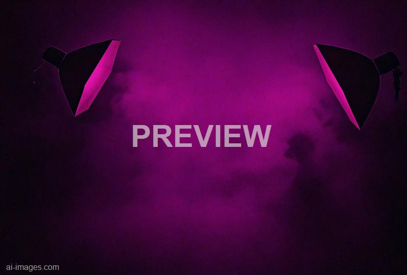 The image features two umbrellas open and positioned in mid-air, seemingly floating against a dark, cloudy sky illuminated with vibrant purple and pink hues. The umbrellas are angled slightly downward, with their handles pointing away from each other, creating a symmetrical composition. The overall scene has a surreal, dreamlike quality due to the unusual setting and dramatic lighting effects.