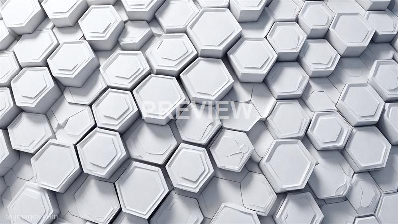The image features a pattern of numerous white hexagonal tiles arranged in a dense, overlapping manner, creating a textured, three-dimensional surface. Some tiles appear to be slightly cracked or uneven, giving the overall composition a sense of depth and subtle imperfection. The lighting highlights the contours and shadows, emphasizing the geometric structure of the hexagons.