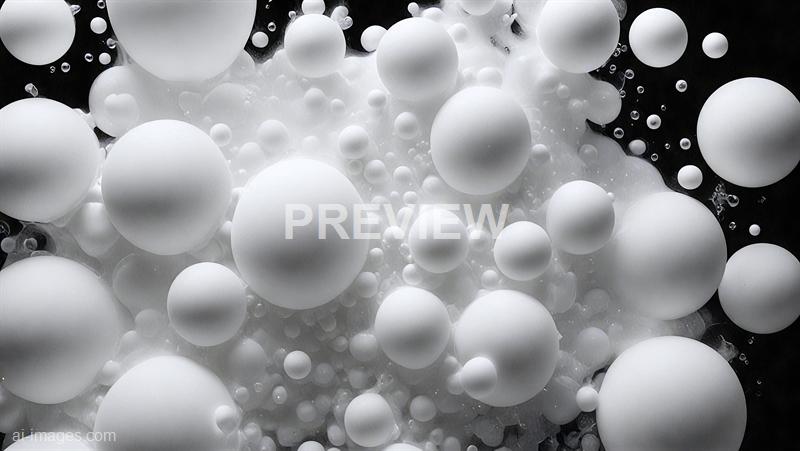 The image displays an array of white foam or bubbles of various sizes clustered together, creating a textured and dynamic pattern. The background is dark, which contrasts sharply with the bright, spherical foam bubbles, emphasizing their shape and arrangement. The overall scene appears to be a close-up or macro shot capturing the intricate details of the bubbles' surfaces and their spatial distribution.