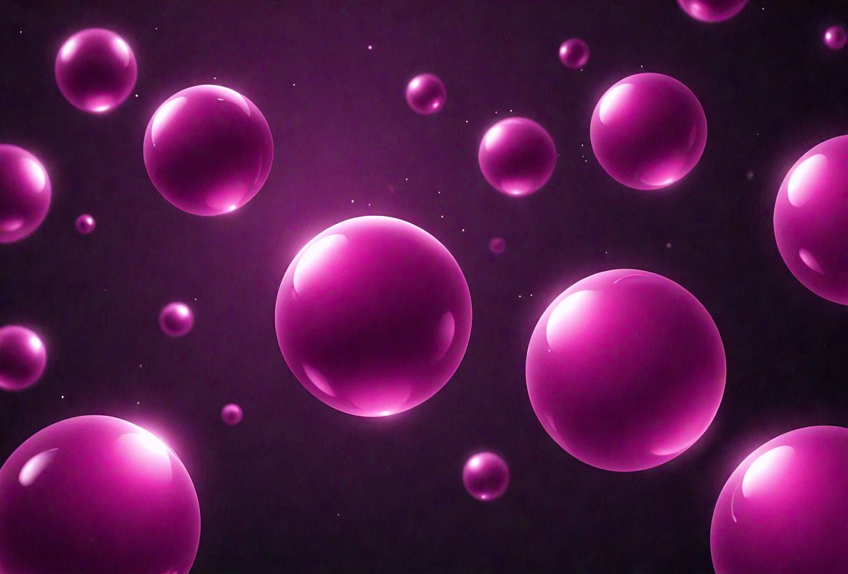 The primary subject of the image is a group of pink bubbles floating in a dark, purple-colored space. The setting appears to be a night sky, with the bubbles floating against a backdrop of darkness. The visual style of the image is a combination of digital art and illustration, creating a unique and captivating scene. The dominant colors in the image are pink and purple, giving the scene a warm and inviting atmosphere.