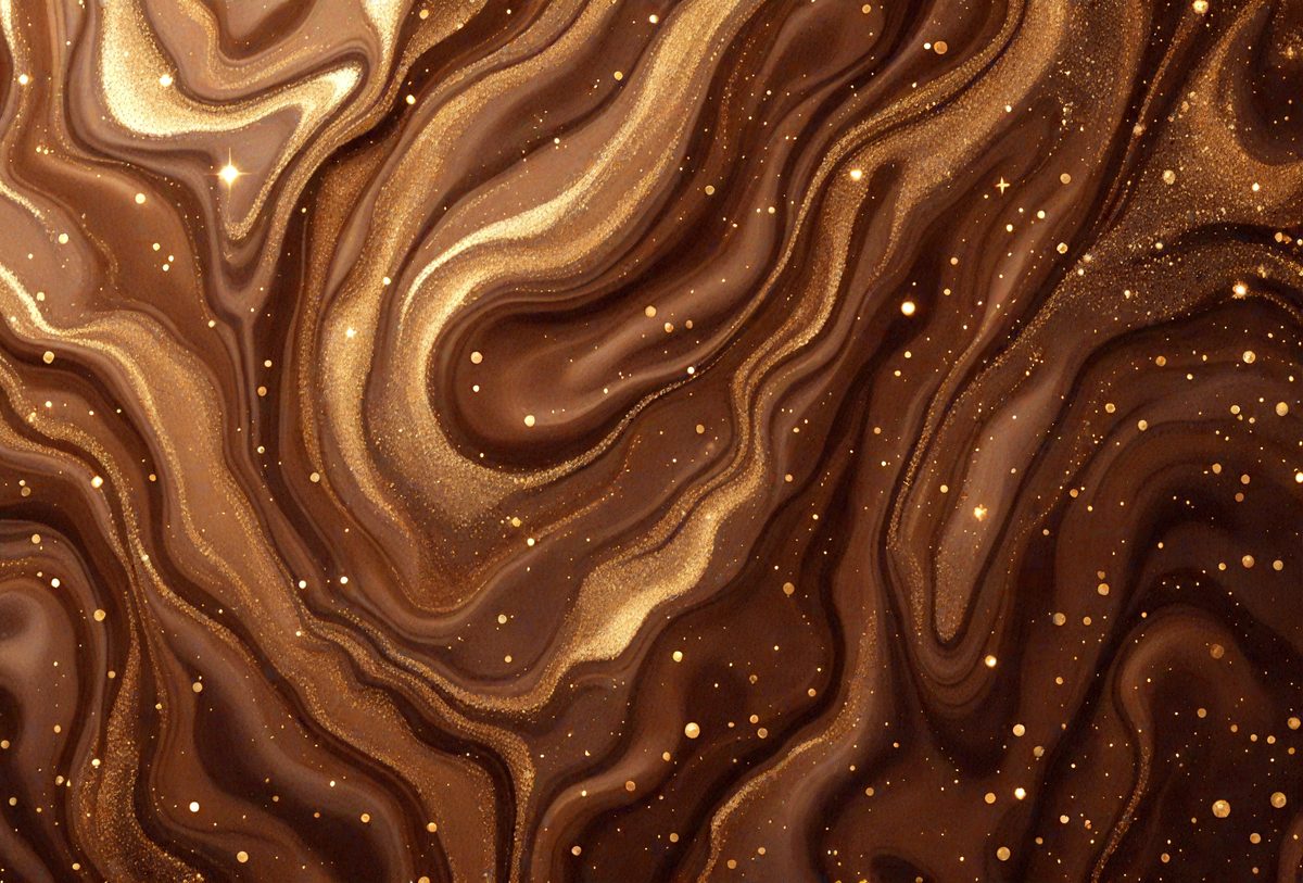 The primary subject of the image is a close-up of a chocolate cake with gold stars on it. The cake is decorated with gold stars, giving it a fancy and luxurious appearance. The setting is a table, and the visual style is a close-up photo. The colors and mood of the image are warm and inviting, with the gold stars adding a touch of elegance to the chocolate cake.