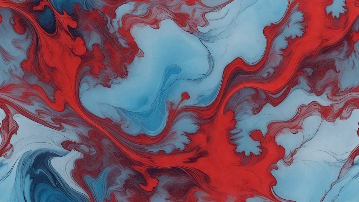 The primary subject of the image is a painting or artwork featuring a blue and red color scheme. The setting is a canvas or a piece of paper, and the visual style appears to be a combination of digital art and illustration. The dominant colors are red and blue, creating a vibrant and lively atmosphere.