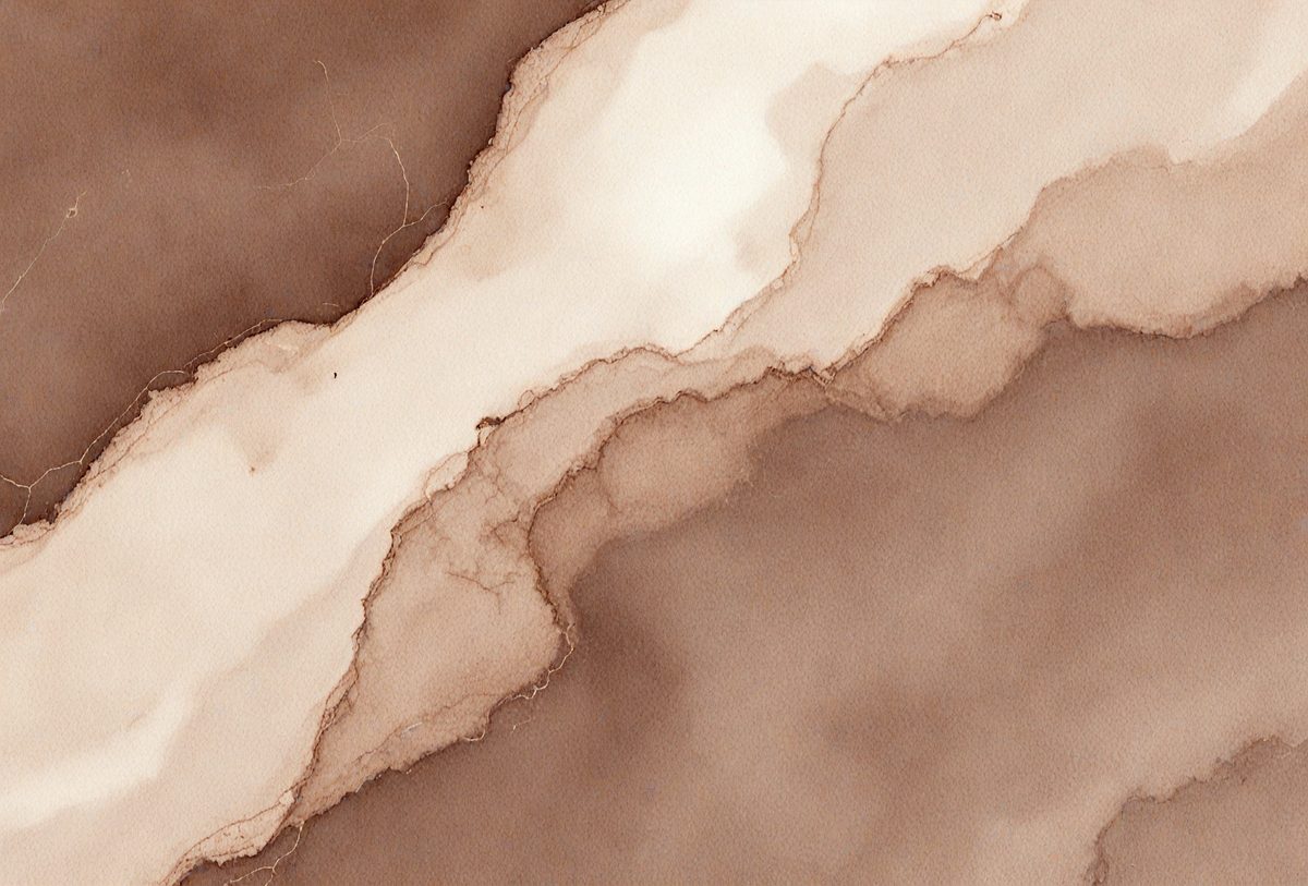 The image features a brown and white marbled surface with a watercolor-like appearance. The primary subject is a large, curved line that appears to be a part of the marbled surface. The setting is a close-up of the marbled surface, showcasing its intricate patterns and textures. The visual style is a combination of watercolor and marbled patterns, creating a unique and artistic atmosphere. The colors and mood of the image are warm and earthy, with the brown and white marbled surface evoking a sense of natural beauty and texture.