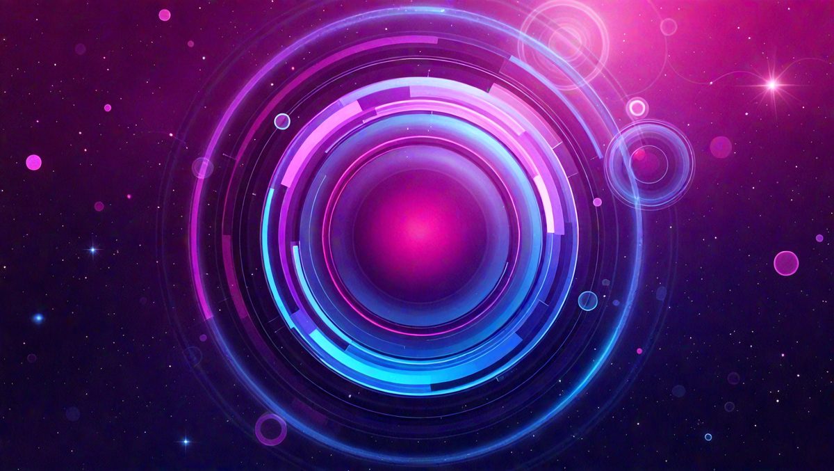 The primary subject of the image is a large, colorful circle with a pink background. The circle is surrounded by a blue and pink pattern, giving it a vibrant and lively appearance. The setting appears to be a space-themed environment, with a backdrop of stars and a surface that resembles a nebula. The visual style of the image is a combination of digital art and illustration, creating a unique and eye-catching design. The colors and mood of the image are predominantly pink and blue, evoking a sense of warmth and tranquility.