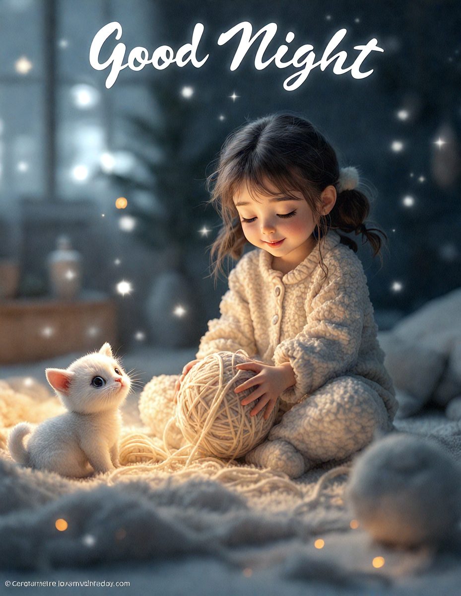 The image features a young girl sitting on a bed, holding a ball of yarn. The girl appears to be smiling, and the scene is set in a cozy, warm environment. The visual style of the image is a combination of photo and digital art, creating a realistic yet artistic representation of the girl and her surroundings. The colors in the image are predominantly warm and soft, contributing to a comforting and inviting atmosphere.