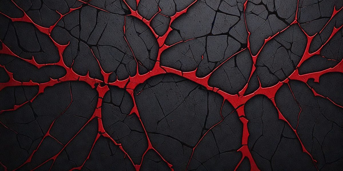 The primary subject of the image is a close-up of a black surface with red streaks, resembling a cracked or damaged wall. The setting appears to be a dark room, and the visual style is a close-up of the black and red surface. The colors and mood of the image are predominantly dark and moody, with the red streaks adding a touch of contrast and interest to the overall composition.