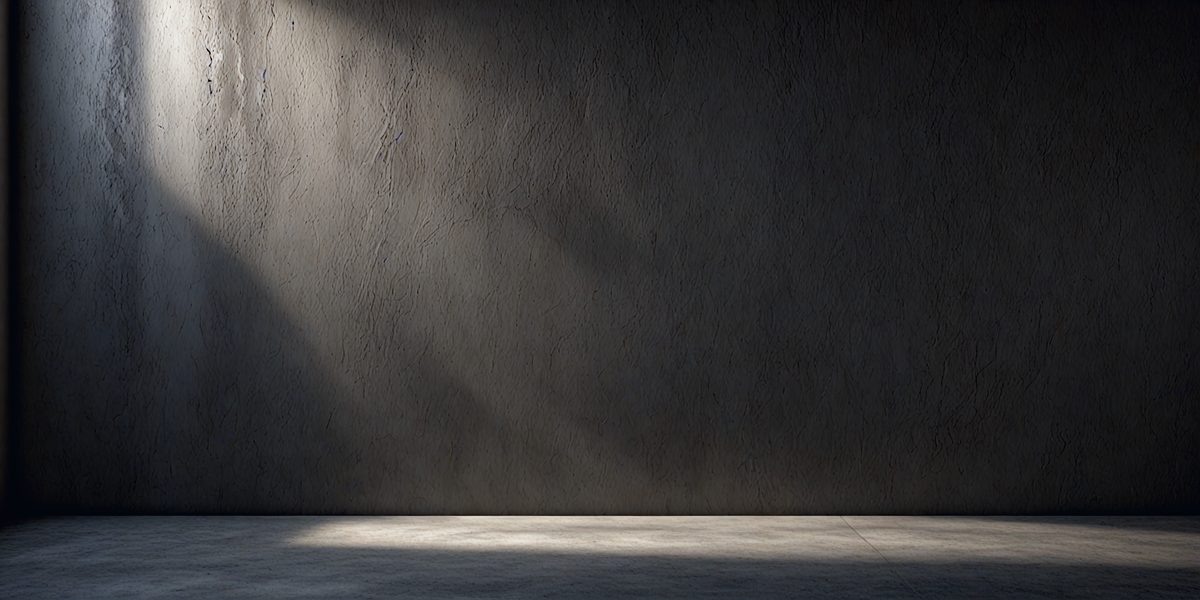 The primary subject of the image is a large, empty room with a concrete wall. The setting is a dark room with a single light source, creating a moody atmosphere. The visual style is a photo, capturing the room's emptiness and the shadows cast by the light source. The colors are predominantly dark, with the light source being the only source of illumination.