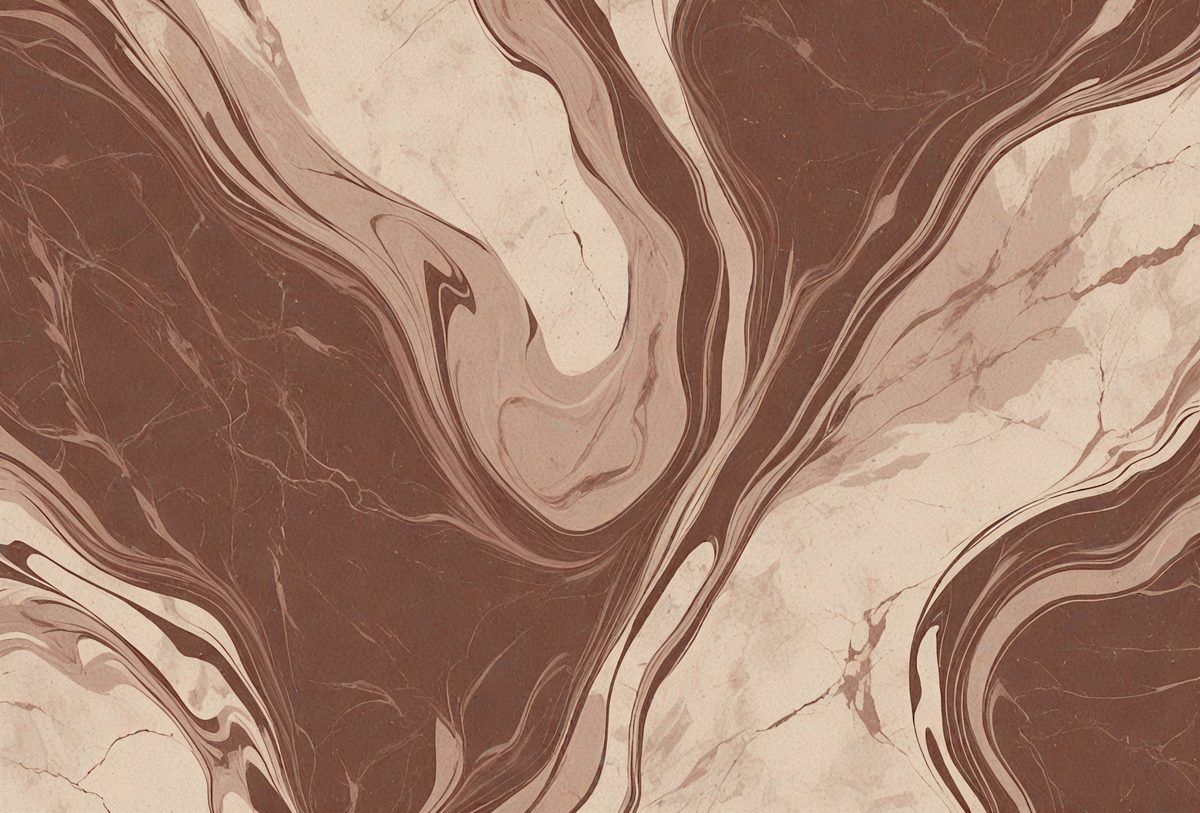 The image features a marbled surface with a brown and white color scheme. The primary subject is a close-up of the marbled surface, showcasing its intricate patterns and textures. The setting is a room with a stone wall, which adds to the overall atmosphere of the scene. The visual style is a combination of a photo and a drawing, creating a unique and artistic representation of the marbled surface.