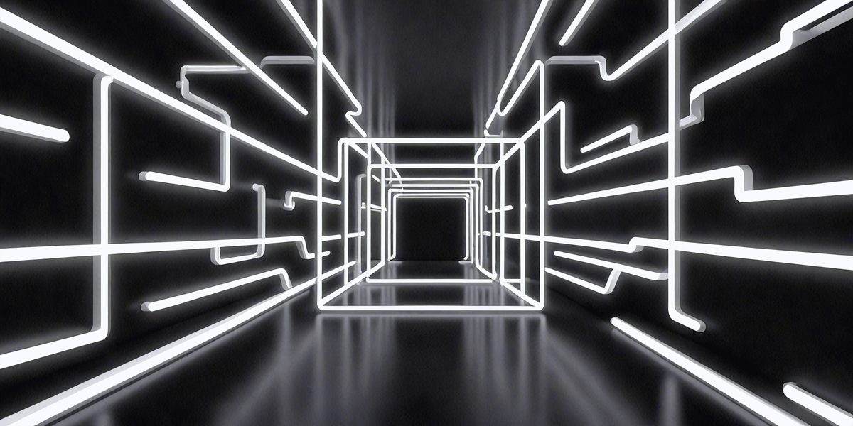 The primary subject of the image is a long, narrow hallway with a black background. The hallway is illuminated by a series of bright, white lights that create a striking visual effect. The lights are arranged in a pattern, creating a unique and captivating atmosphere. The overall mood of the image is one of intrigue and curiosity, as the viewer is drawn into the depths of the hallway by the glowing lights.