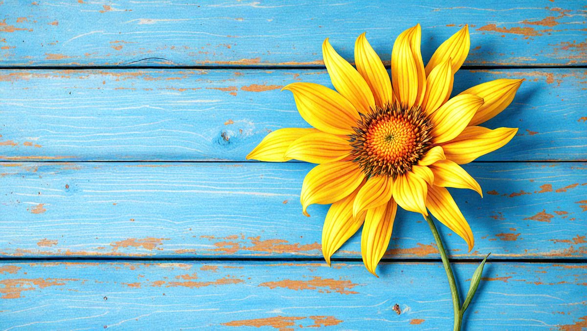 The primary subject of the image is a yellow sunflower, which is the main object, scene, or focus of the image. The setting is a blue wooden surface, which serves as the backdrop for the sunflower. The visual style of the image is a photo, capturing the natural beauty of the sunflower. The dominant colors in the image are yellow and blue, creating a warm and inviting atmosphere.