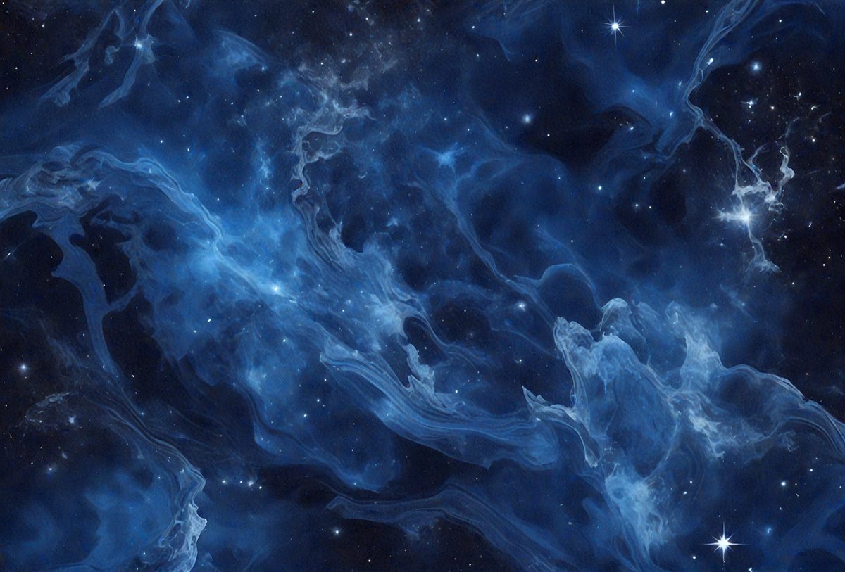 The primary subject of the image is a blue and purple nebula, which is a cloud of gas and dust in space. The setting is a dark, starry sky, with the nebula being the main focus of the image. The visual style is a combination of a photo and digital art, creating a unique and captivating representation of the celestial scene. The colors and mood of the image are predominantly dark and mysterious, with the vibrant blue and purple hues of the nebula contrasting against the black background of the sky.