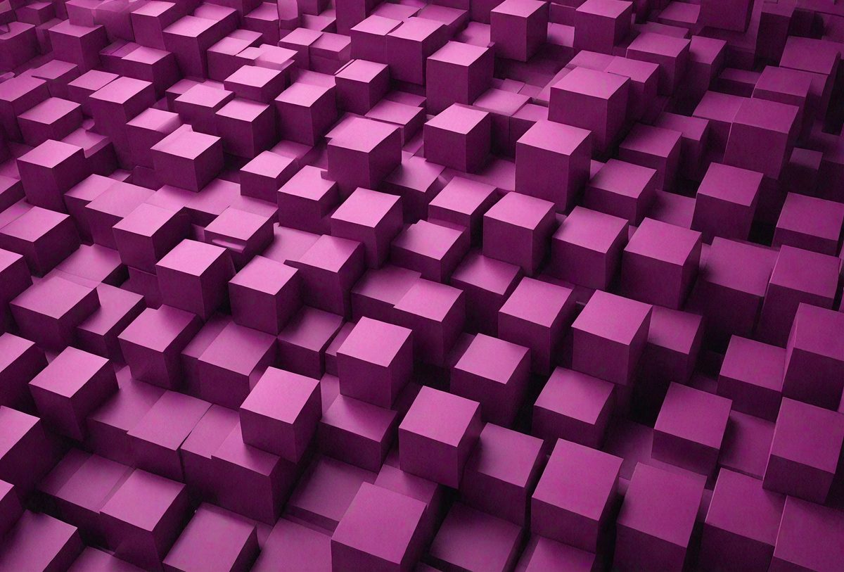 The primary subject of the image is a large purple wall with a pattern of square shapes. The setting is a room with a purple background, and the visual style appears to be a digital art or illustration. The dominant colors are purple and pink, creating a warm and inviting atmosphere.