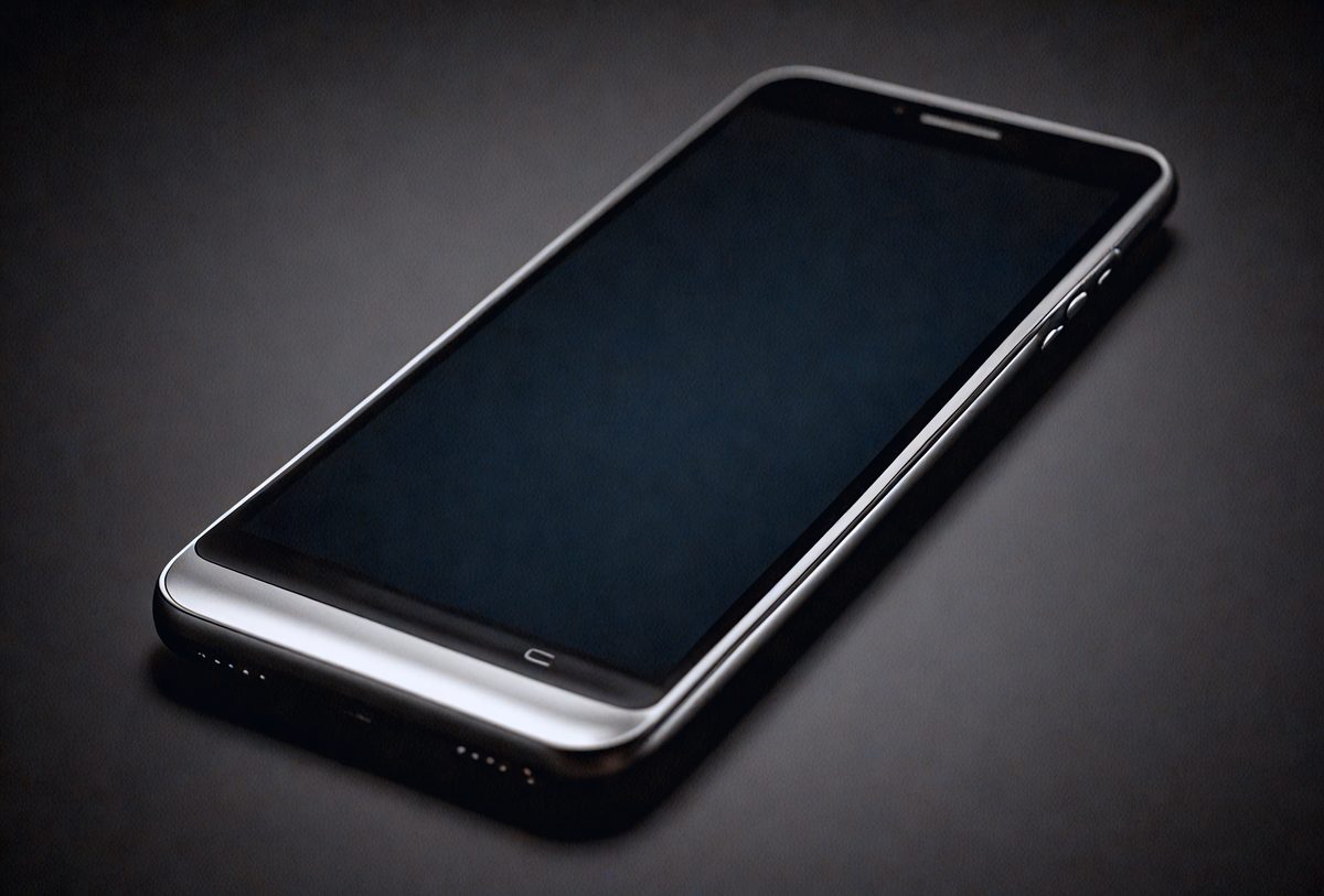 The primary subject of the image is a cell phone. The cell phone is placed on a black surface, which serves as the setting or background. The visual style of the image is a photo, capturing the cell phone in its natural environment. The colors and mood of the image are predominantly dark, with the black surface and the cell phone's screen being the main focus.