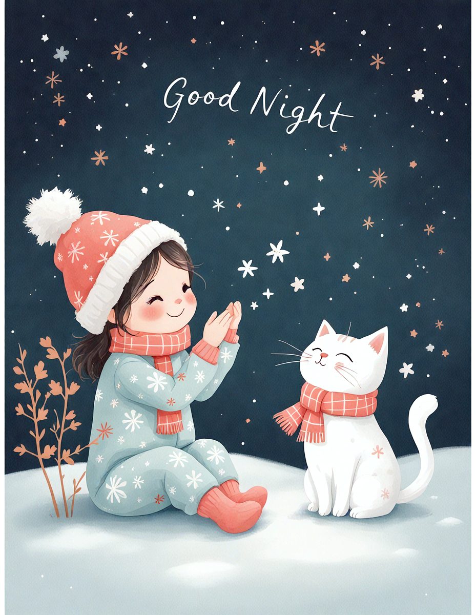 The primary subject of the image is a young girl sitting on the ground, wearing a winter coat and a hat. She is smiling and waving at a white cat, which is sitting next to her. The setting is a snowy environment, with the girl and the cat surrounded by snow. The visual style of the image is a digital art or illustration, with a warm and cozy atmosphere created by the colors and the winter clothing.