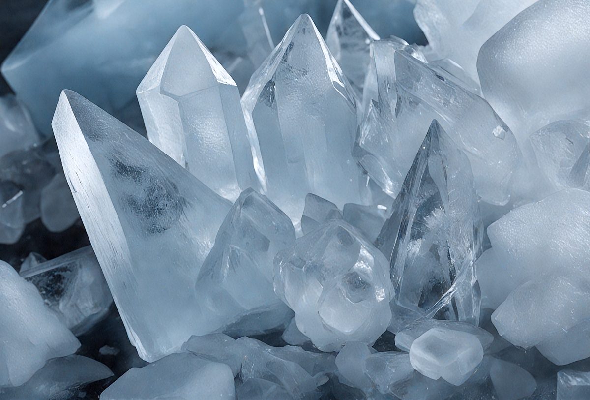 The primary subject of the image is a large collection of crystals, including ice crystals and possibly some other types of crystals. The setting is a snowy environment, with the crystals sitting on a snow-covered surface. The visual style of the image is a close-up of the crystals, showcasing their intricate patterns and textures. The colors and mood of the image are predominantly white and cold, as the crystals are predominantly white and the environment is snowy.