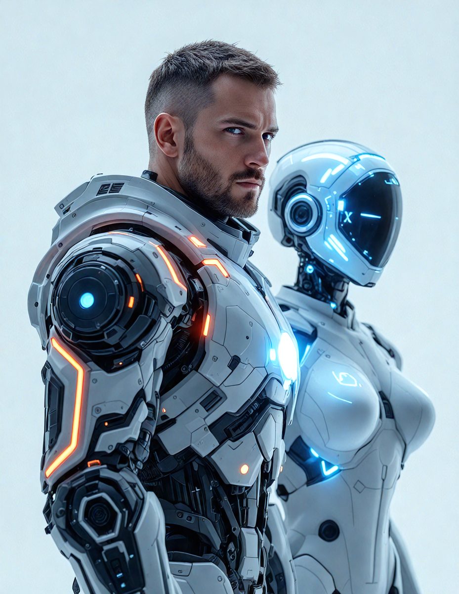 The primary subject of the image is a man wearing a futuristic, high-tech suit. The setting is a white background, which highlights the man's suit and the woman's suit. The visual style is digital art, as the image is a digital illustration. The colors and mood of the image are predominantly white, giving it a clean and modern appearance.