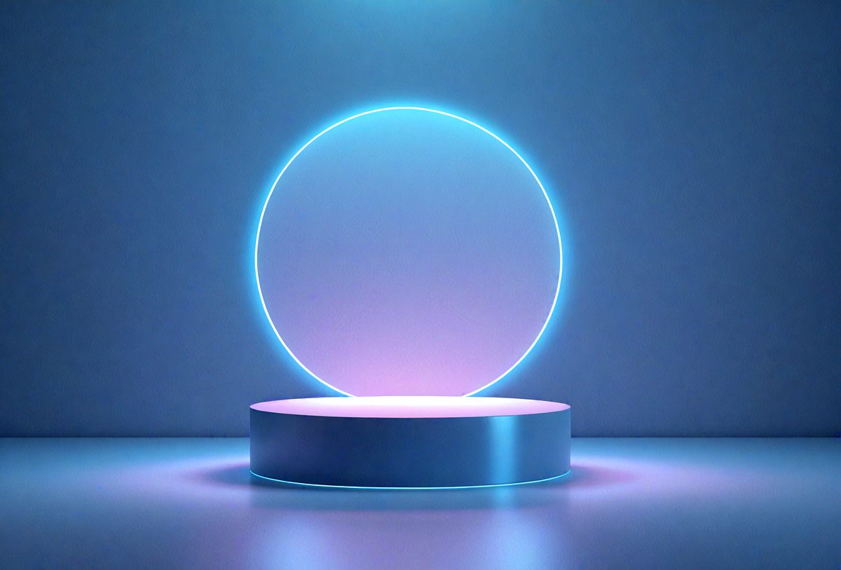 The primary subject of the image is a lighted, glowing, circular object, which appears to be a light fixture or a neon light. The setting is a dark room, and the visual style is a close-up of the lighted object. The colors and mood of the image are predominantly blue, with the light source emitting a soft, ambient glow.