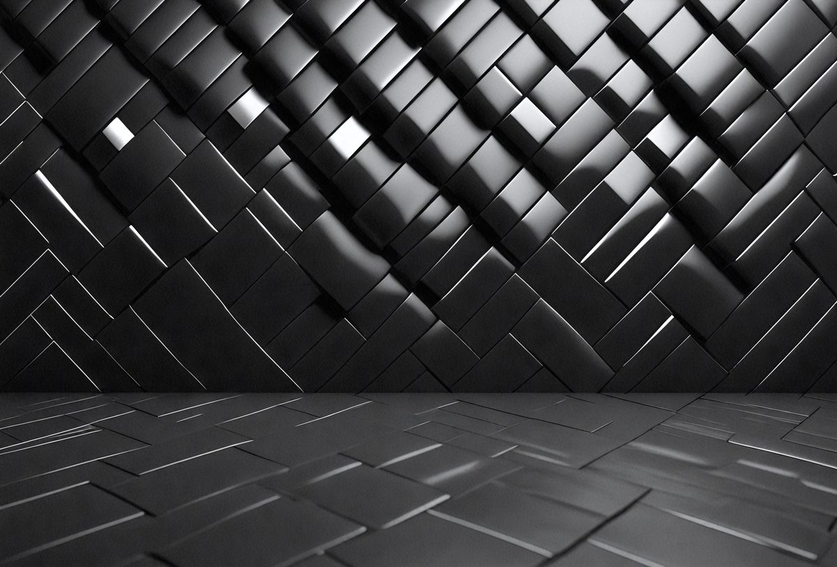 The primary subject of the image is a black and white patterned wall. The setting is a black background, and the visual style is a patterned wallpaper. The colors and mood of the image are predominantly black and white, creating a bold and striking appearance.