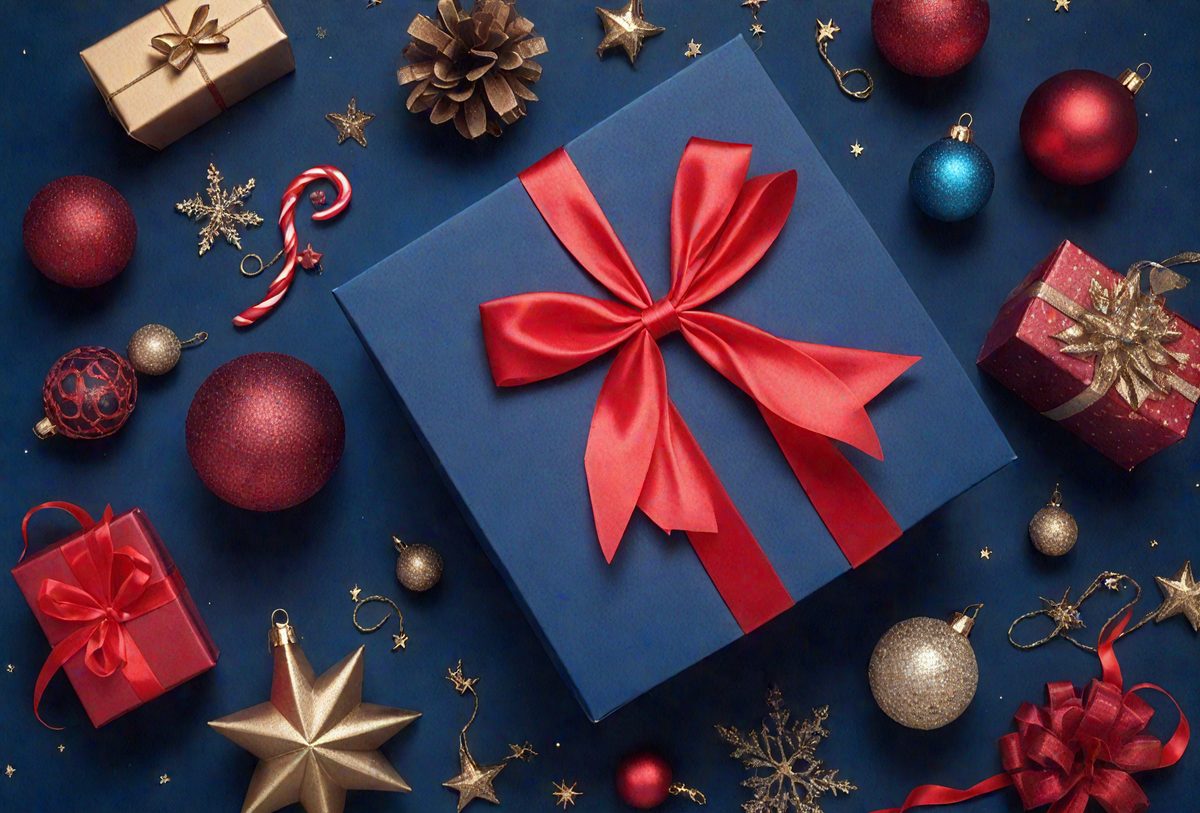 The primary subject of the image is a blue box with a red bow on top. The box is placed on a blue background, which creates a contrasting and visually appealing scene. The visual style of the image is a combination of photo and digital art, as it appears to be a close-up of the box with a slightly blurred background. The colors and mood of the image are predominantly blue and red, which evoke feelings of warmth and festivity.