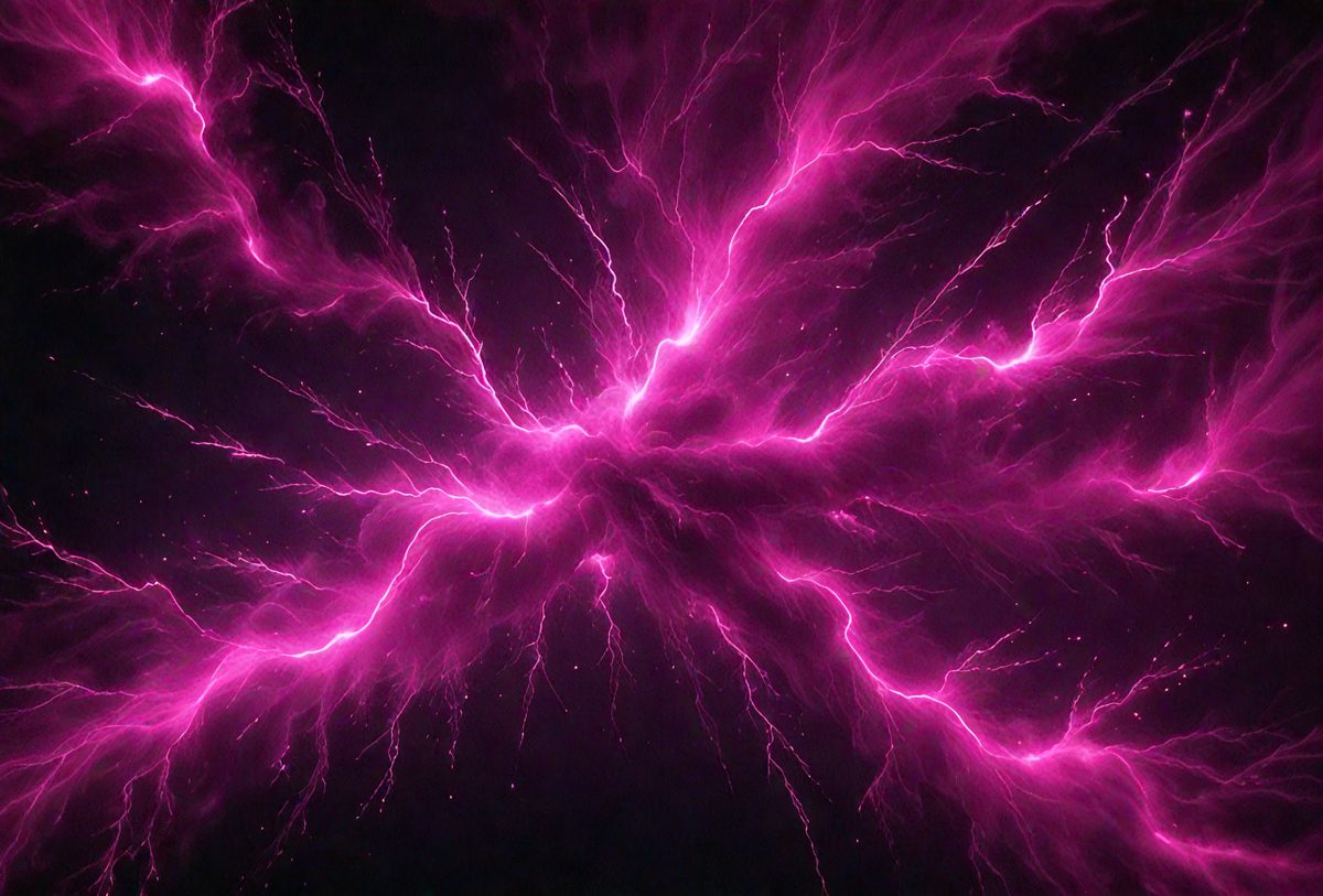 The primary subject of the image is a bright pink lightning bolt, which is the main focus of the scene. The lightning bolt is surrounded by a dark background, creating a striking contrast. The visual style of the image is a digital art or illustration, as it appears to be a computer-generated or hand-drawn representation of the lightning bolt. The colors and mood of the image are predominantly pink, with the lightning bolt being the most prominent and eye-catching element in the scene.
