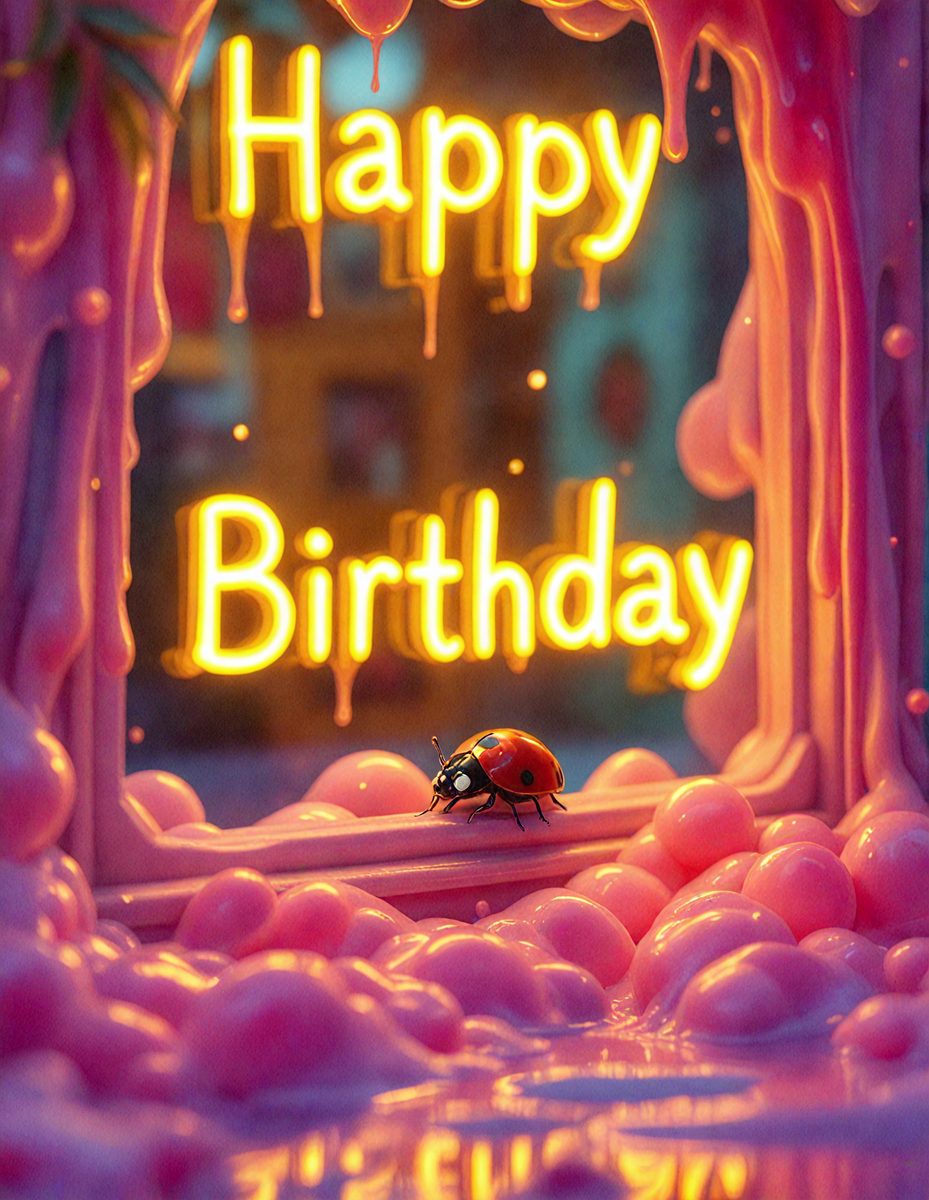 The primary subject of the image is a ladybug, which is sitting on a pink surface. The setting is a pink room with a mirror, and the visual style appears to be a combination of a photo and digital art. The colors and mood of the image are predominantly pink, creating a warm and cheerful atmosphere.