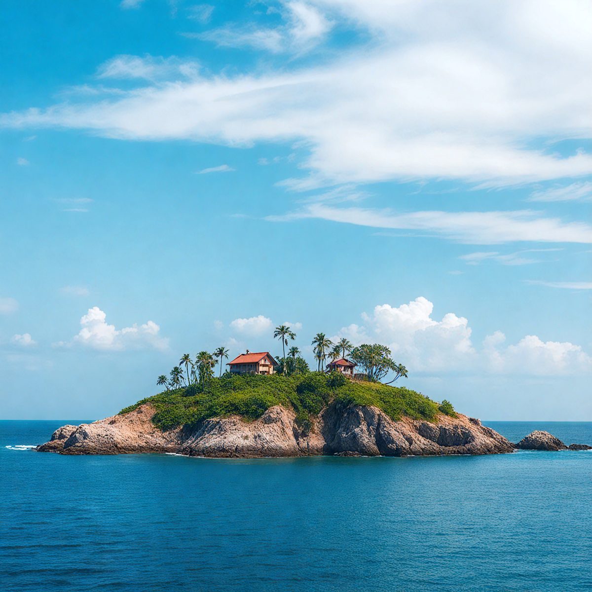 Primary subject: A small island with a house on it.
Setting/background: The island is surrounded by water, and there are clouds in the sky.
Visual style: The image is a photo.
Colors and mood: The photo has a blue and white color scheme, giving it a calm and serene atmosphere.