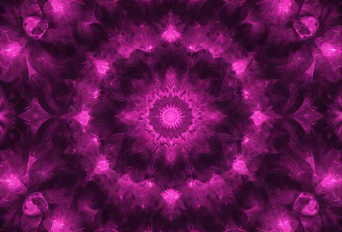 The primary subject of the image is a purple, pink, and white circular pattern. The setting is a dark background, which contrasts with the vibrant colors of the pattern. The visual style appears to be a combination of digital art and illustration, creating a unique and eye-catching design. The dominant colors in the image are purple, pink, and white, giving the overall atmosphere a sense of calmness and tranquility.