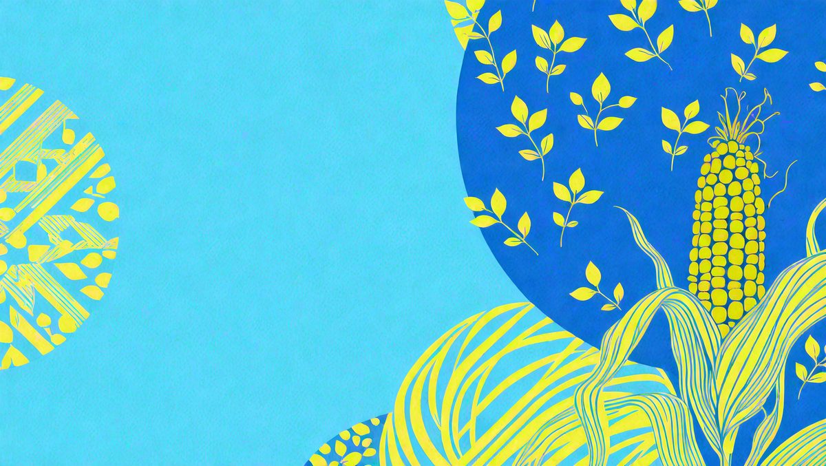 The primary subject of the image is a leafy plant with yellow and blue colors. The setting is a blue background, which creates a contrast with the plant's colors. The visual style is a combination of digital art and illustration, giving the image a unique and artistic appearance. The dominant colors are yellow and blue, creating a lively and vibrant atmosphere.