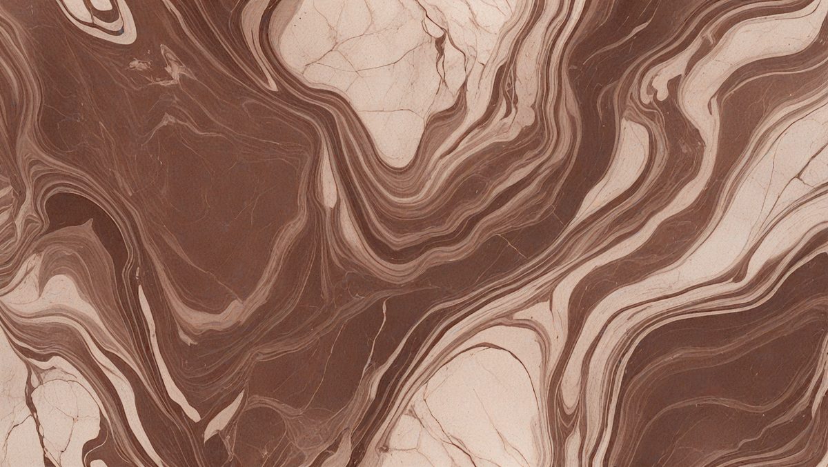 The primary subject of the image is a close-up of a marbled stone surface. The setting is a natural environment, with the stone surface being the main focus of the image. The visual style is a close-up, which emphasizes the intricate details of the marbled stone. The colors and mood of the image are predominantly earthy tones, giving it a natural and organic feel.