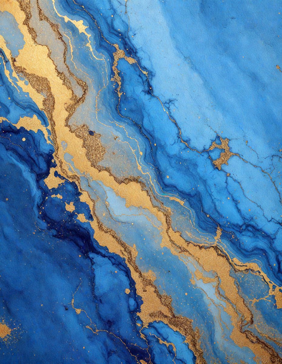 The primary subject of the image is a blue and gold marbled surface, which appears to be a piece of art or a decorative item. The setting is a close-up view of the marbled surface, showcasing its intricate patterns and colors. The visual style of the image is a combination of artistic and digital elements, creating a unique and eye-catching display. The dominant colors in the image are blue and gold, giving the surface a luxurious and elegant appearance.